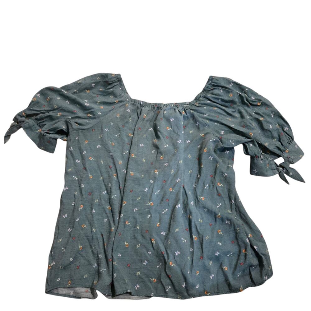 LC Lauren Conrad Teal Floral Puff Sleeve Button Front Top - Picture 3 of 8